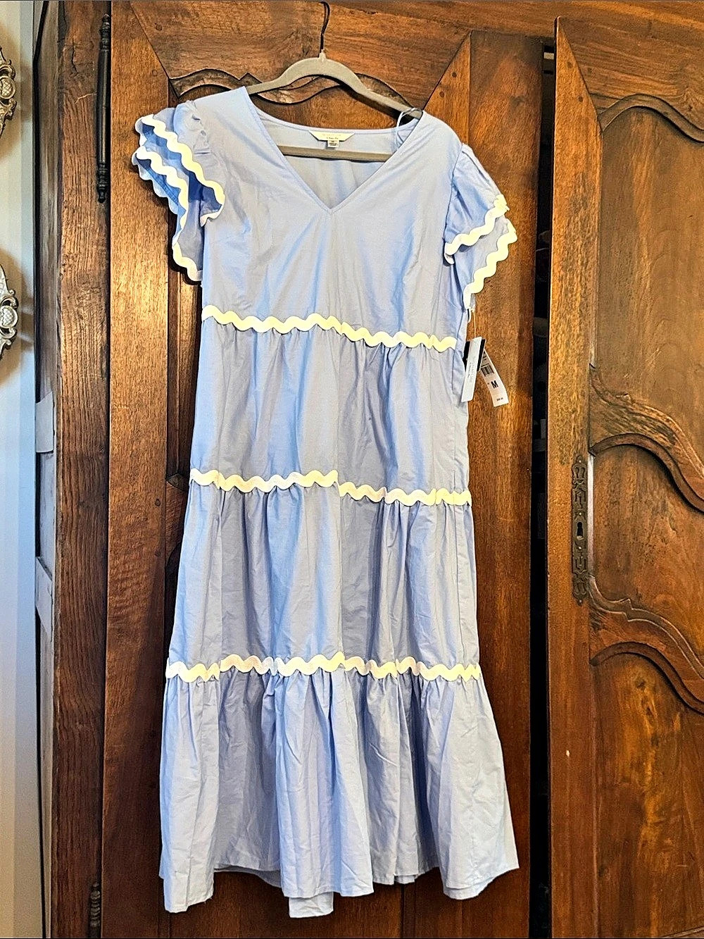 Robbie Bee Signature Tiered Dress Blue & White Midi Medium NWT